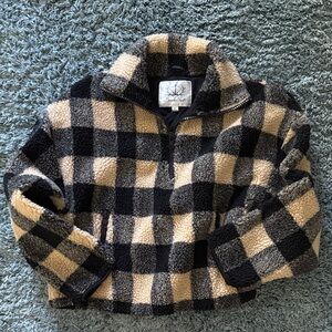 Plaid Teddy Jacket - Black and Cream